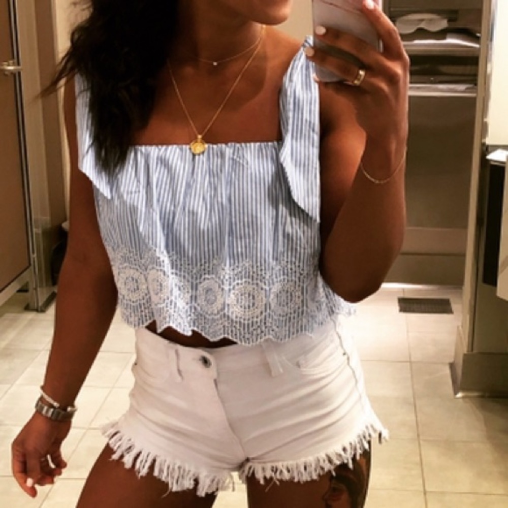 Forever21 blue white stripe seersucker tie bow strap crop tank top size small